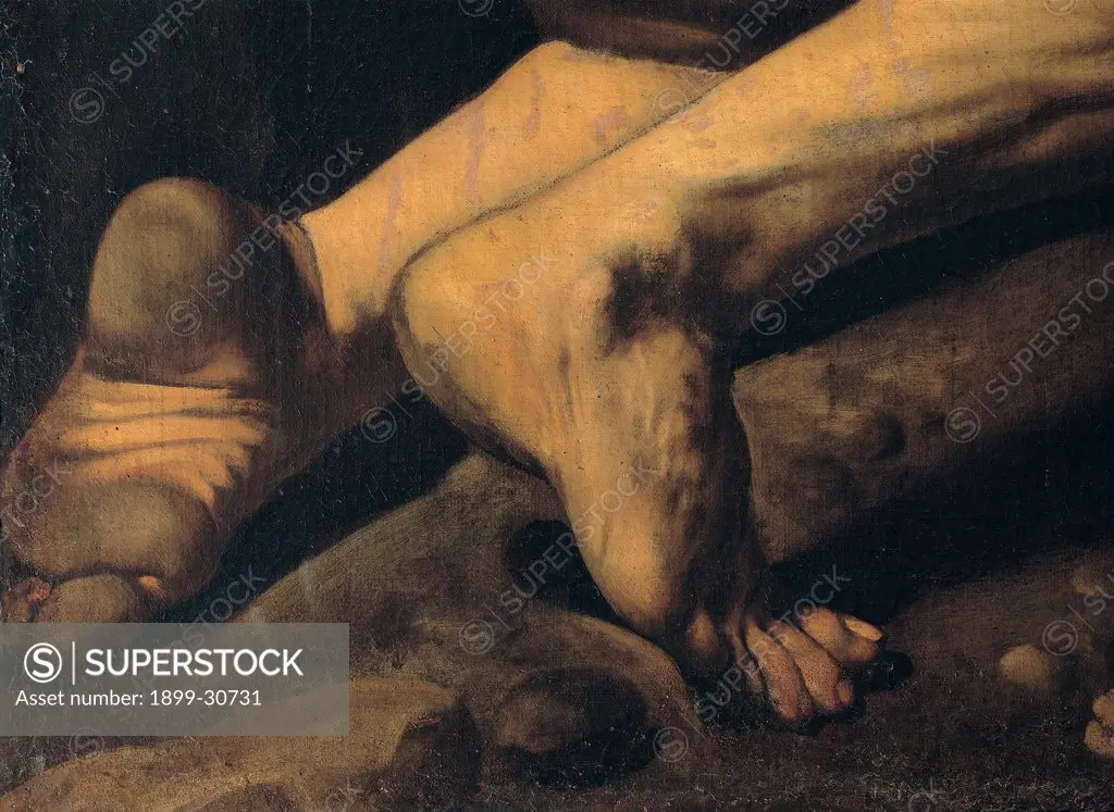 Martyrdom of St Peter, by Merisi Michelangelo known as Caravaggio, 1600 - 1601, 17th Century, oil on canvas. Italy, Lazio, Rome, Santa Maria del Popolo Church, Cerasi Chapel. Detail muddy feet man brutal fellow.