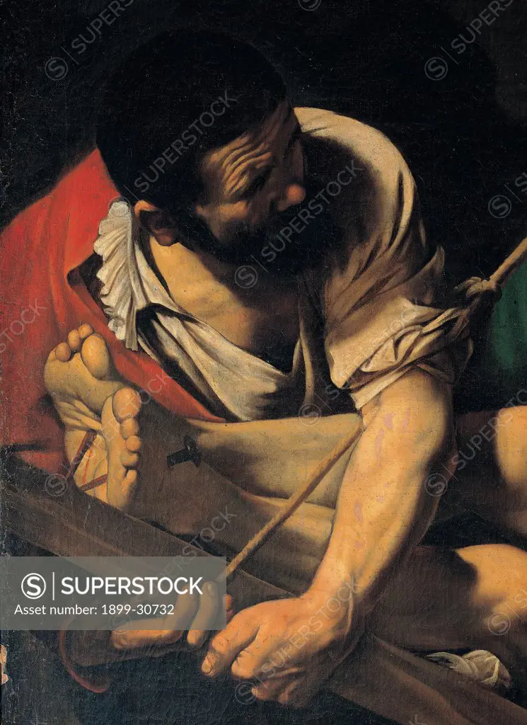 Martyrdom of St Peter, by Merisi Michelangelo known as Caravaggio, 1600 - 1601, 17th Century, oil on canvas. Italy, Lazio, Rome, Santa Maria del Popolo Church, Cerasi Chapel. Detail. Man executioner cross feet legs nails St Peter rope chiaroscuro red cloak: mantle dress: garment white corrugated brow.