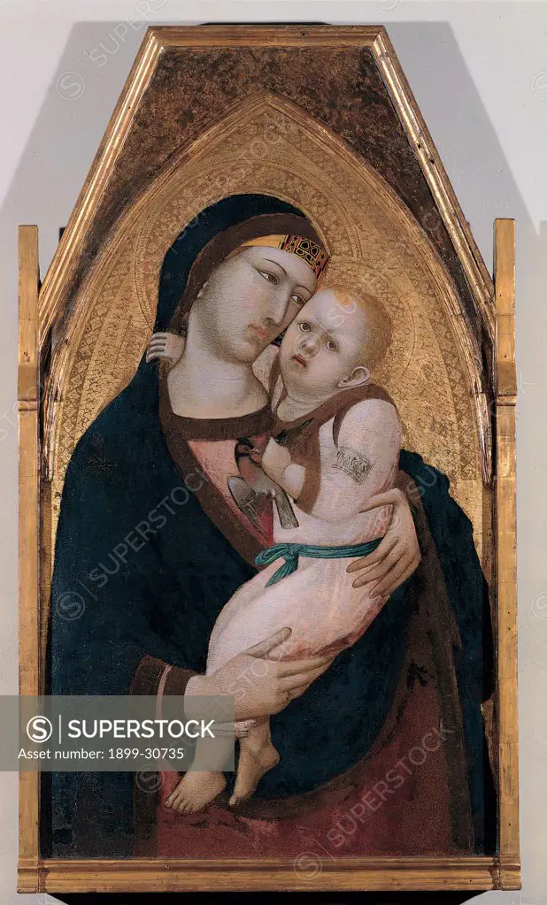 Madonna and Child, by Lorenzetti Ambrogio, 14th Century, tempera on panel. Italy, Tuscany, Siena, National Gallery of Art. Whole artwork. Altarpiece Virgin Mary blue dress covered head embracing Child Jesus: Baby Jesus: Christ Child dress.