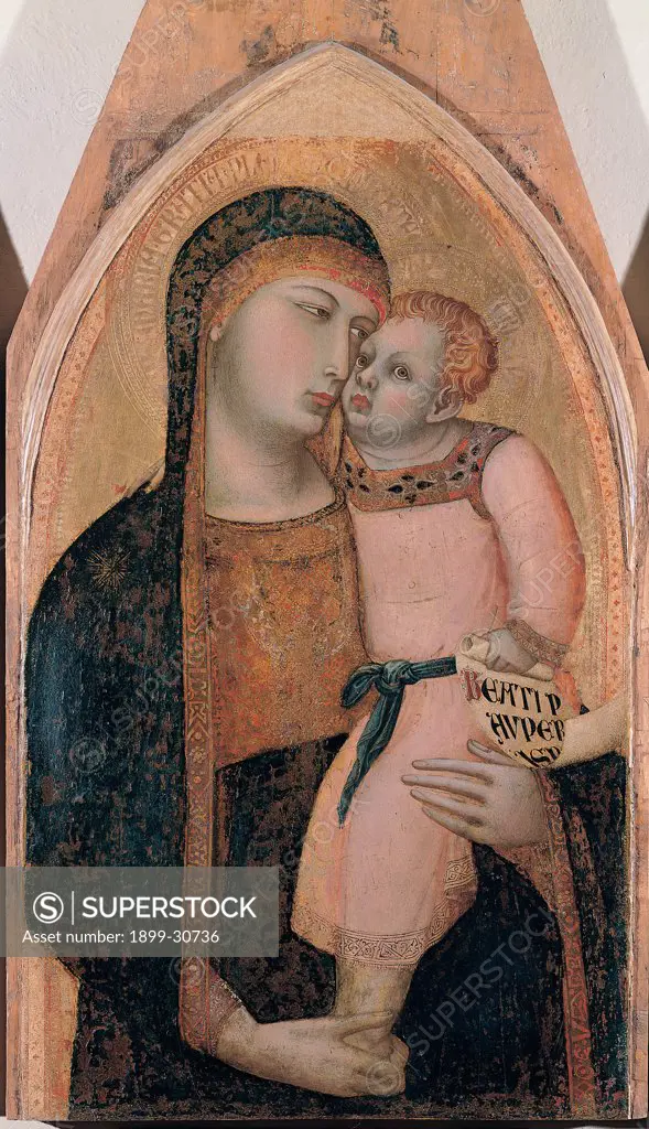 Madonna and Child with Sts Magdalene and Dorothea, by Lorenzetti Ambrogio, 14th Century, tempera on panel. Italy, Tuscany, Siena, National Gallery of Art. Detail. Madonna Virgin Mary veil decorated band Child Jesus: Baby Jesus: Christ Child holding cartouche with the inscription of Beatitudes.