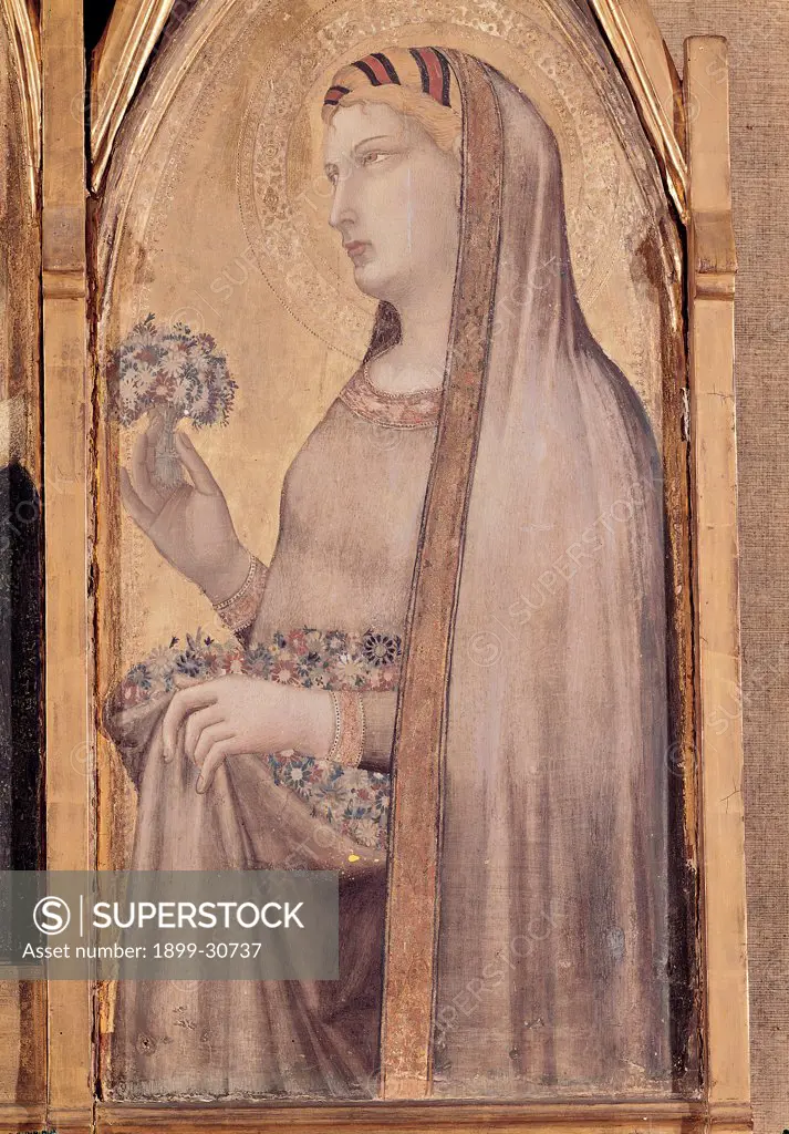 Madonna and Child with Sts Magdalene and Dorothea, by Lorenzetti Ambrogio, 14th Century, tempera on panel. Italy, Tuscany, Siena, National Gallery of Art. Detail. St Dorothea veil dress: garment her right holding a bunch of flowers the left one holding the hem of the dress with many wildflowers.