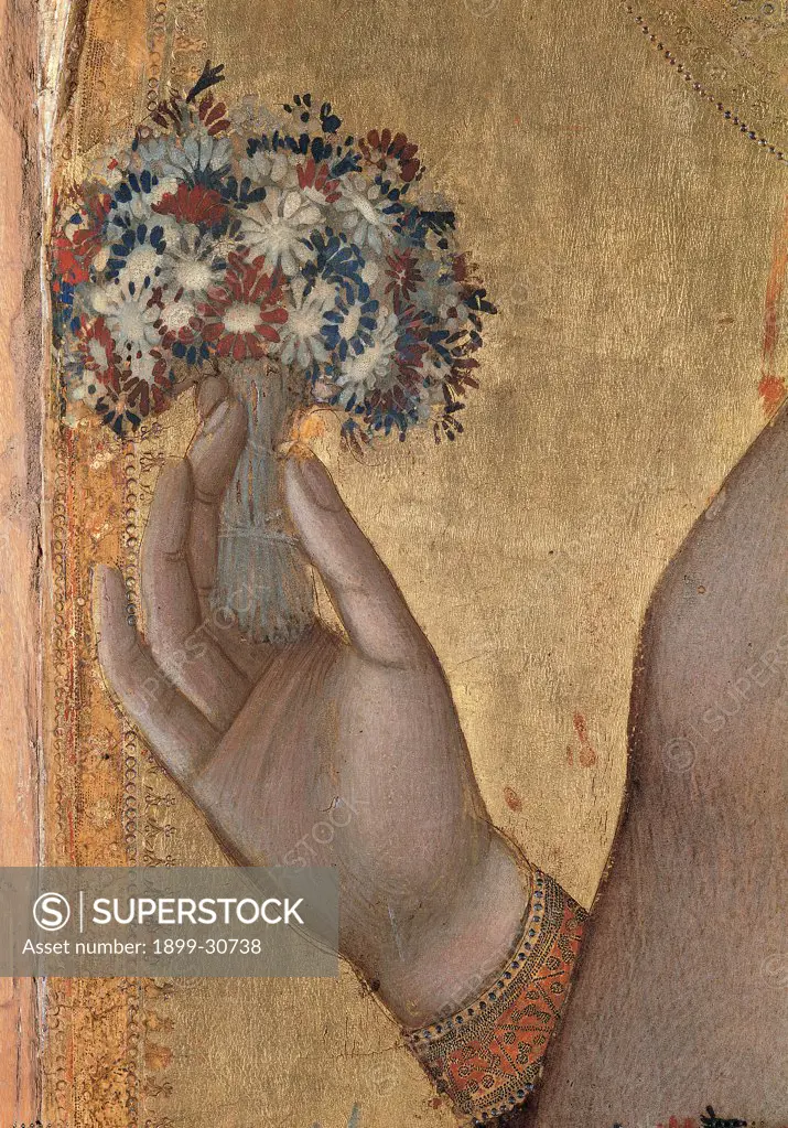 Madonna and Child with Sts Magdalene and Dorothea, by Lorenzetti Ambrogio, 14th Century, tempera on panel. Italy, Tuscany, Siena, National Gallery of Art. Detail. St Dorothea hand holding a bunch of wildflowers.