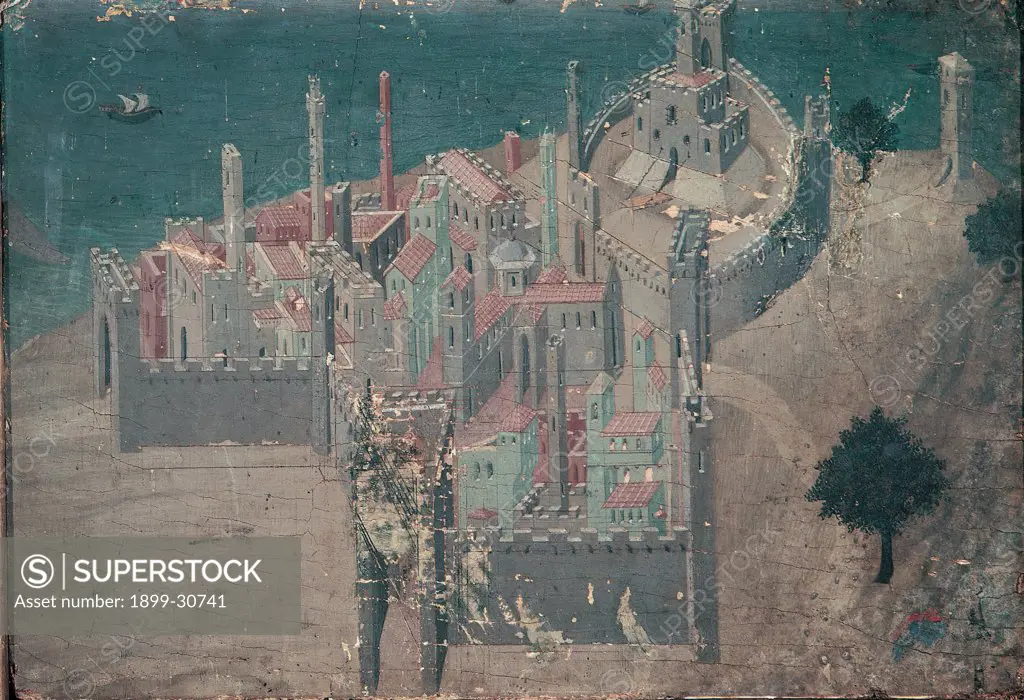 City at the Sea, by Lorenzetti Ambrogio, 14th Century, panel. Italy, Tuscany, Siena, National Gallery of Art. Whole artwork. Walled city buildings embattled tower fortress castle sea.