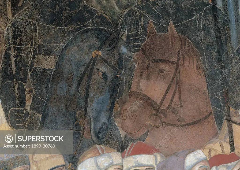 Allegory of Good Government, by Lorenzetti Ambrogio, 1338 - 1340, 14th Century, fresco. Italy, Tuscany, Siena, Palazzo Pubblico, Sala della Pace. Detail. Cuirasses knights: horsemen in the foreground muzzle: nose harnessed horses protomes animals brown gray Renaissance headdresses: headgears.