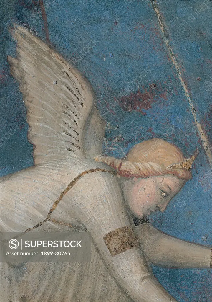 Allegory of Good Government, by Lorenzetti Ambrogio, 1338 - 1340, 14th Century, fresco. Italy, Tuscany, Siena, Palazzo Pubblico, Sala della Pace. Detail. Angel on the right detail of Commutative Justice.