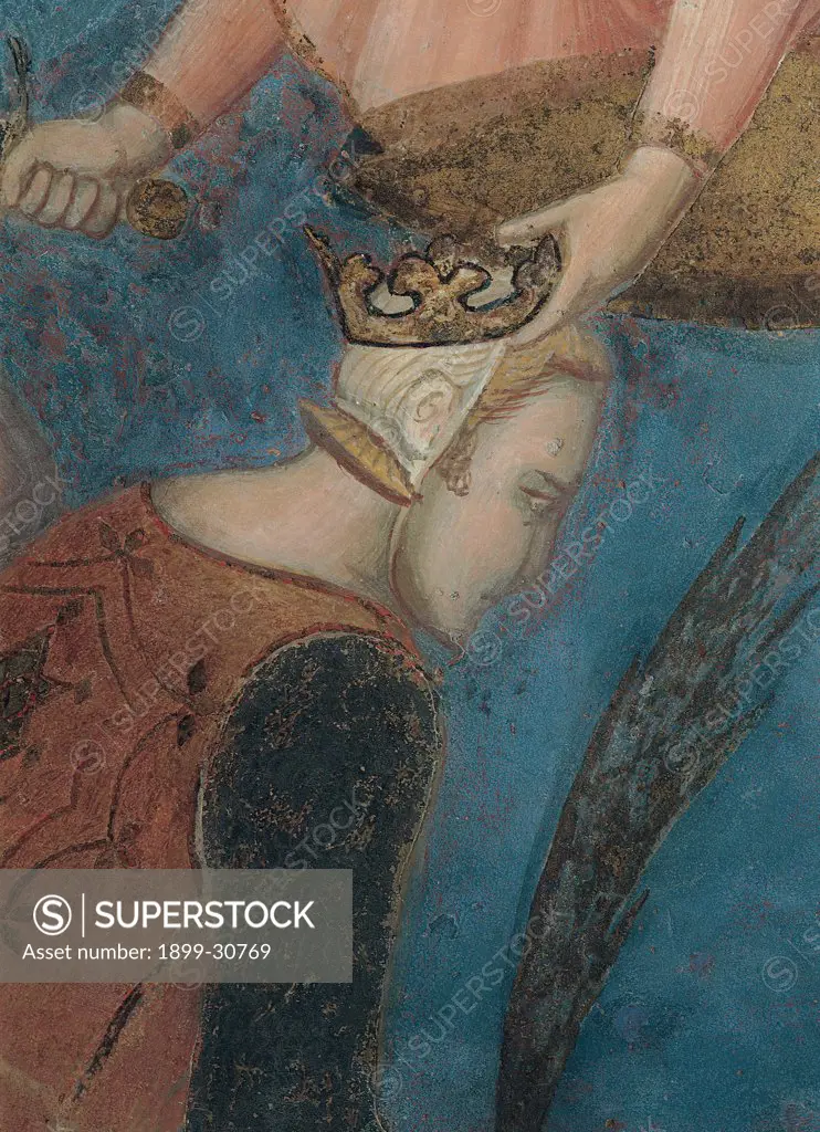 Allegory of Good Government, by Lorenzetti Ambrogio, 1338 - 1340, 14th Century, fresco. Italy, Tuscany, Siena, Palazzo Pubblico, Sala della Pace. Detail. A warrior carrying: holding a palm and a sword is crowned by the Angel of Distributive Justice.