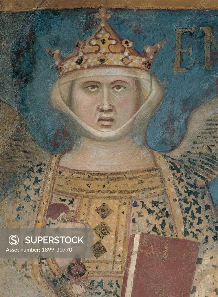Allegory of Good Government, by Lorenzetti Ambrogio, 1338 - 1340, 14th Century, fresco. Italy, Tuscany, Siena, Palazzo Pubblico, Sala della Pace. Detail. Wisdom female figure prosopopeia crown headdress: headgear diadem: tiara wings she holds a book in her left hand she reads she holds a key in her right hand.