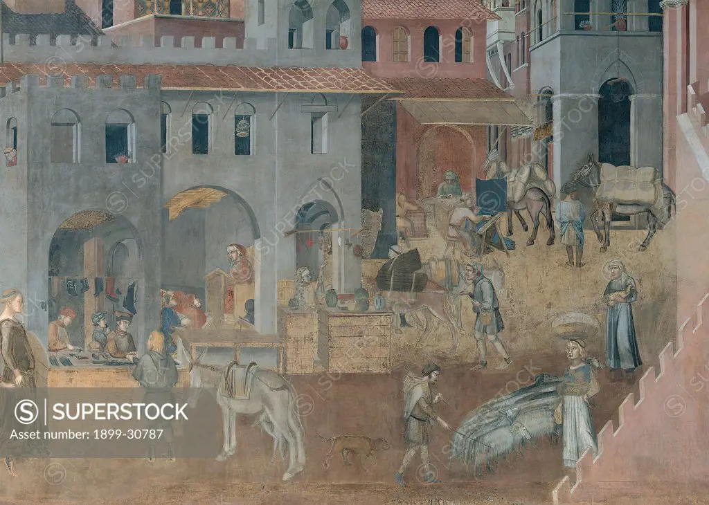 The Effects of Good Government in the City, by Lorenzetti Ambrogio, 1338 - 1339, 14th Century, fresco. Italy, Tuscany, Siena, Palazzo Pubblico. Detail. City life scene palaces: buildings porticoes: porches merlons windows city: town work trade: trading: commerce.