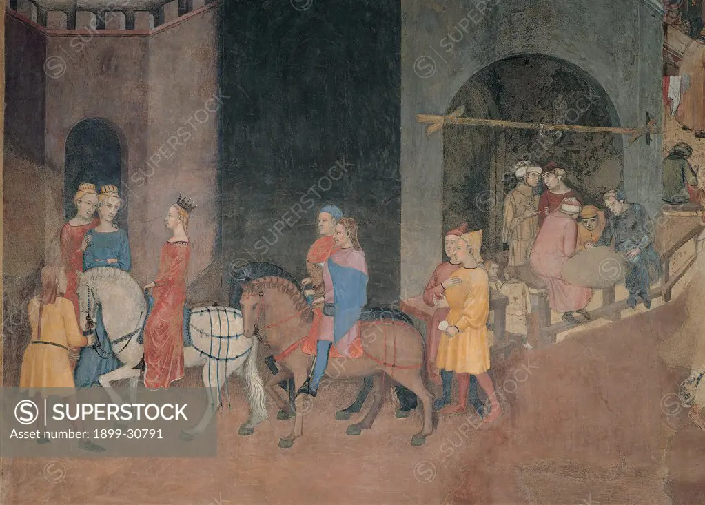 The Effects of Good Government in the City, by Lorenzetti Ambrogio, 1338 - 1339, 14th Century, fresco. Italy, Tuscany, Siena, Palazzo Pubblico. Detail. City life scene wedding: bridal train: procession in the background group in front of a tavern: wine shop: public house.