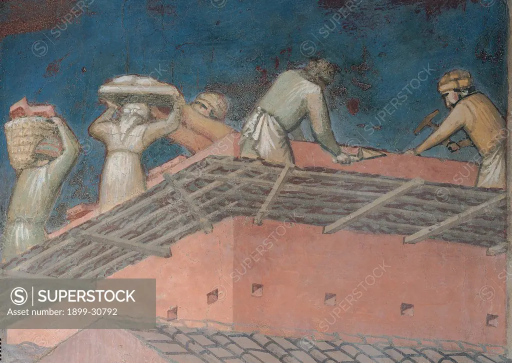 The Effects of Good Government in the City, by Lorenzetti Ambrogio, 1338 - 1339, 14th Century, fresco. Italy, Tuscany, Siena, Palazzo Pubblico. Detail. Bricklayers: masons at work on a scaffold.