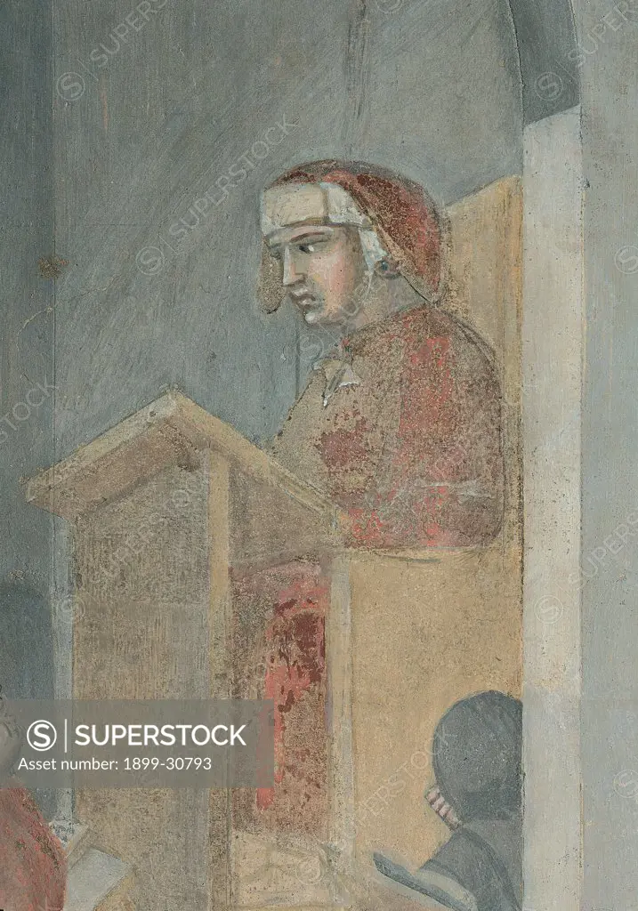 The Effects of Good Government in the City, by Lorenzetti Ambrogio, 1338 - 1339, 14th Century, fresco. Italy, Tuscany, Siena, Palazzo Pubblico. Detail. Teacher: lecturer: professor red coat: garment headdress: headgear he lectures his students: learners by a desk with a bookstand (which cannot be seen: unseen).