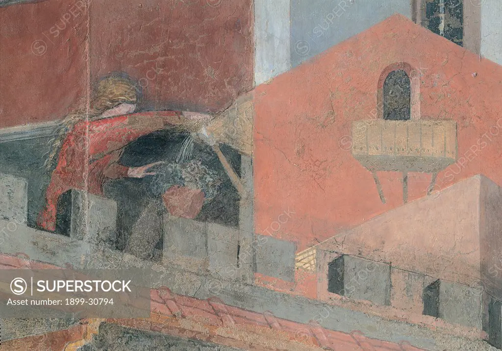 The Effects of Good Government in the City, by Lorenzetti Ambrogio, 1338 - 1339, 14th Century, fresco. Italy, Tuscany, Siena, Palazzo Pubblico. Detail. Woman she waters flowers in a vase Mediaeval city: town palaces: buildings battlements: crenellations.