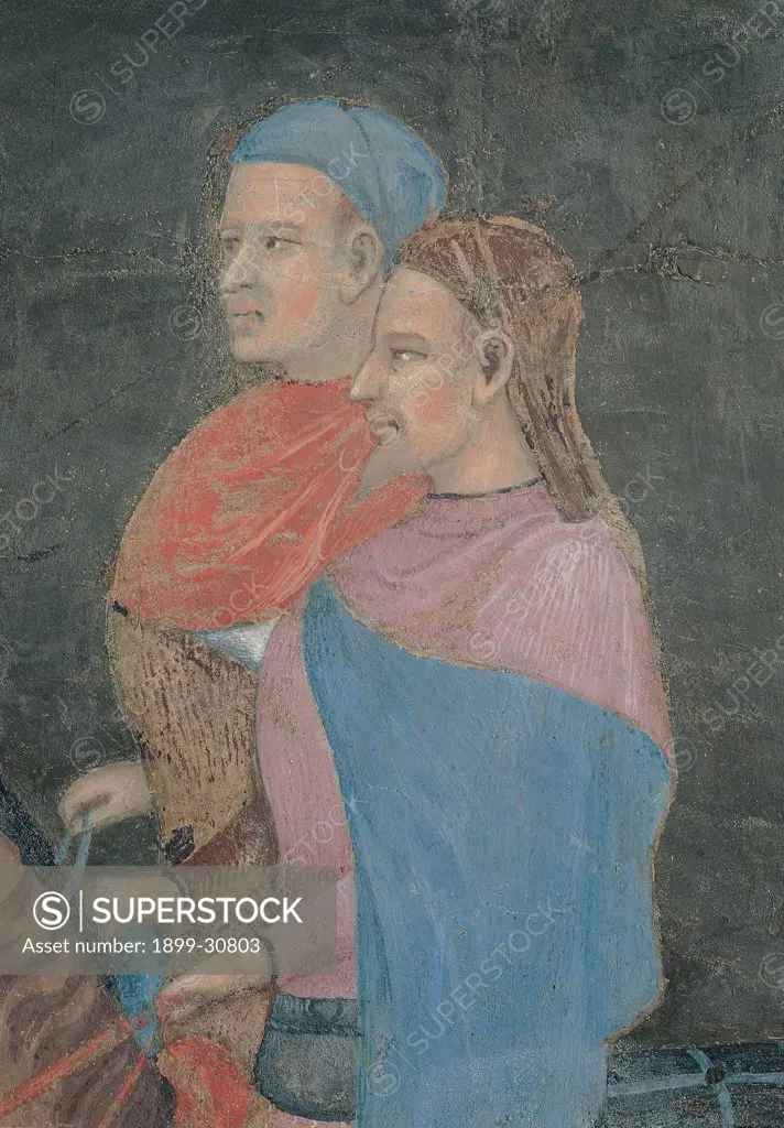 The Effects of Good Government in the City, by Lorenzetti Ambrogio, 1338 - 1339, 14th Century, fresco. Italy, Tuscany, Siena, Palazzo Pubblico. Detail. Characters in the wedding: bridal procession male figures on horseback mantle: cloak turban headdress: headgear.