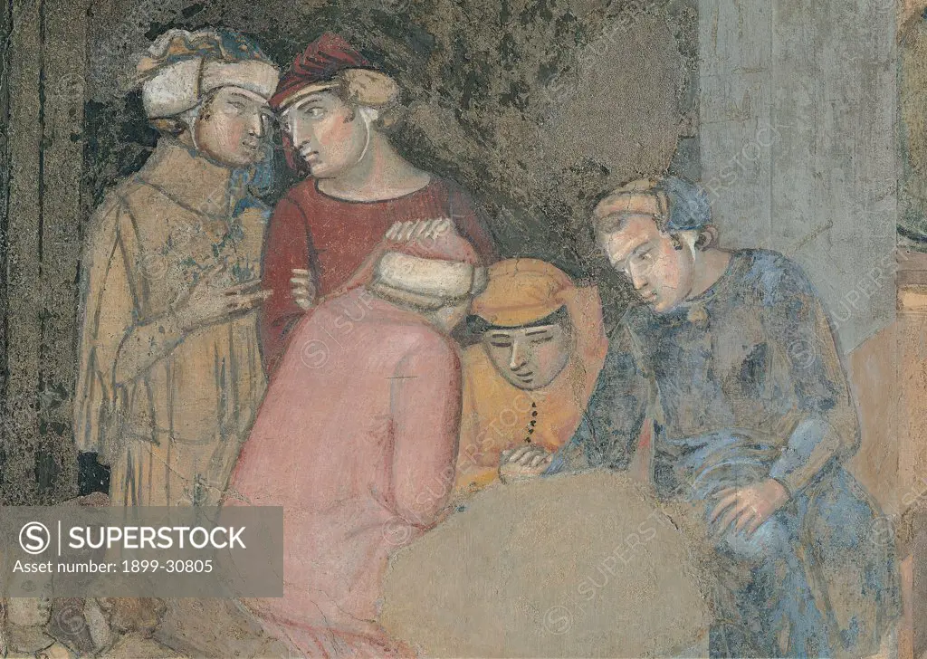 The Effects of Good Government in the City, by Lorenzetti Ambrogio, 1338 - 1339, 14th Century, fresco. Italy, Tuscany, Siena, Palazzo Pubblico. Detail. Group of people in front of a tavern: wine shop male figures debating and talking over late Medieval gear: clothing.