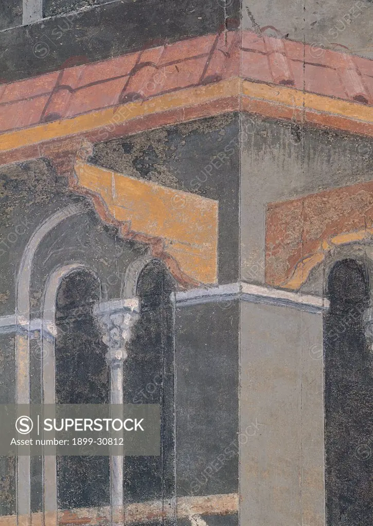 The Effects of Good Government in the City, by Lorenzetti Ambrogio, 1338 - 1339, 14th Century, fresco. Italy, Tuscany, Siena, Palazzo Pubblico. Detail. Corner building mullioned window with two lights capital shape: modeled bracket: console.