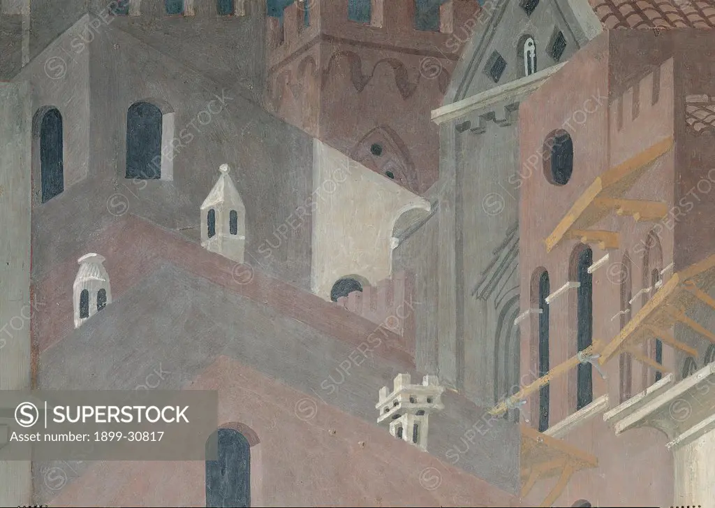 The Effects of Good Government in the City, by Lorenzetti Ambrogio, 1338 - 1339, 14th Century, fresco. Italy, Tuscany, Siena, Palazzo Pubblico. Detail. City: town architectures.