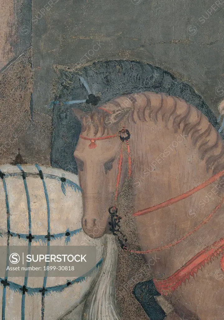 The Effects of Good Government in the City, by Lorenzetti Ambrogio, 1338 - 1339, 14th Century, fresco. Italy, Tuscany, Siena, Palazzo Pubblico. Detail. A horse in the wedding: bridal train: procession below left.
