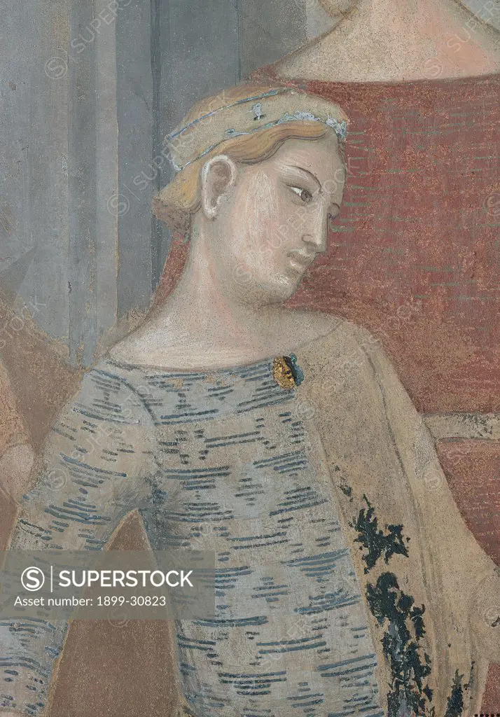 The Effects of Good Government in the City, by Lorenzetti Ambrogio, 1338 - 1339, 14th Century, fresco. Italy, Tuscany, Siena, Palazzo Pubblico. Detail. Damsel in the dancing group.