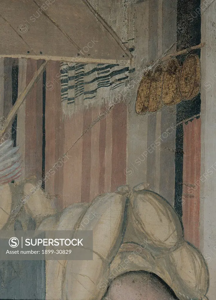 The Effects of Good Government in the City, by Lorenzetti Ambrogio, 1338 - 1339, 14th Century, fresco. Italy, Tuscany, Siena, Palazzo Pubblico, Sala della Pace, eastern wall. Detail. A mule loaded up: burdened with wool.
