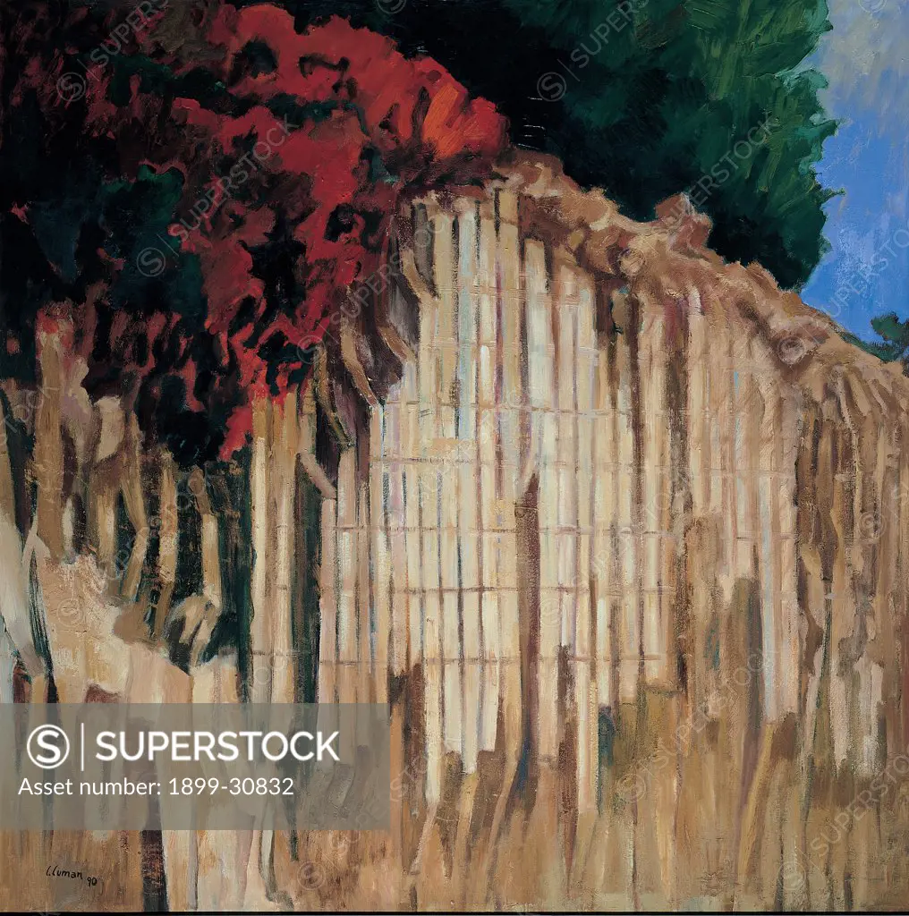 Landscape (cave), by Cuman Claudio, 20th Century, tempera on canvas. Italy, Veneto, Lonigo, Vicenza, Private collection. Whole artwork. Landscape hollow wall limestone rock extraction material sky trees.