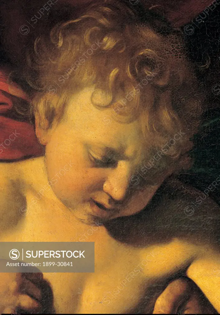 Madonna Palafrenieri, by Merisi Michelangelo known as Caravaggio, 1605, 17th Century, oil on canvas. Italy, Lazio, Rome, Borghese Gallery. Detail. Face the Child Jesus: Divine Infant: Baby Jesus: Christ Child.