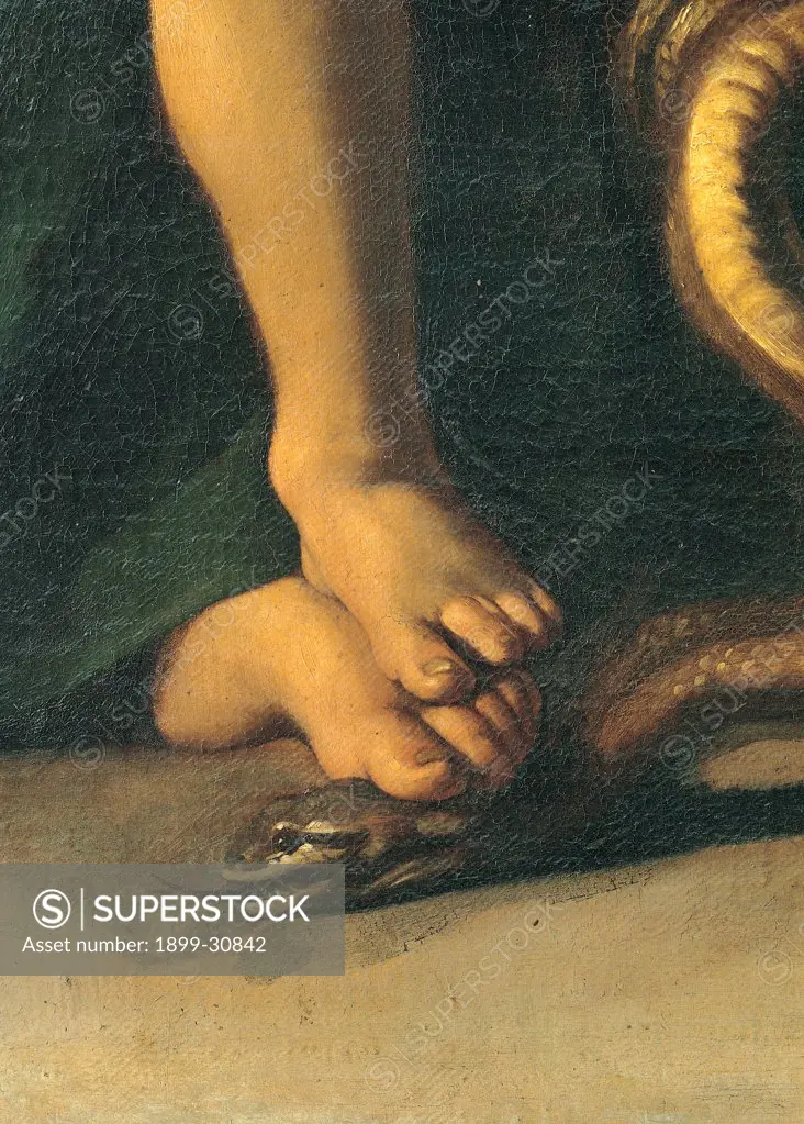 Madonna Palafrenieri, by Merisi Michelangelo known as Caravaggio, 1605, 17th Century, oil on canvas. Italy, Lazio, Rome, Borghese Gallery. Detail. Foot crushing the serpent Madonna Child Jesus: Divine Infant: Baby Jesus: Christ Child.
