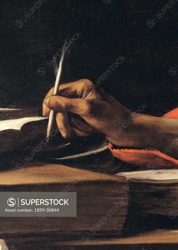 St Jerome, by Merisi Michelangelo known as Caravaggio, 1605, 17th Century, oil on canvas. Italy, Lazio, Rome, Borghese Gallery. Detail. Hand saint St Jerome writing pen table.