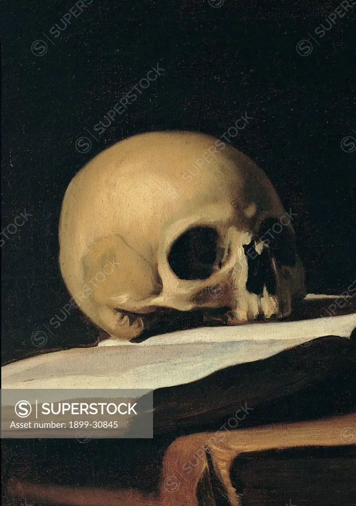 St Jerome, by Merisi Michelangelo known as Caravaggio, 1605, 17th Century, oil on canvas. Italy, Lazio, Rome, Borghese Gallery. Detail. Still life skull book.
