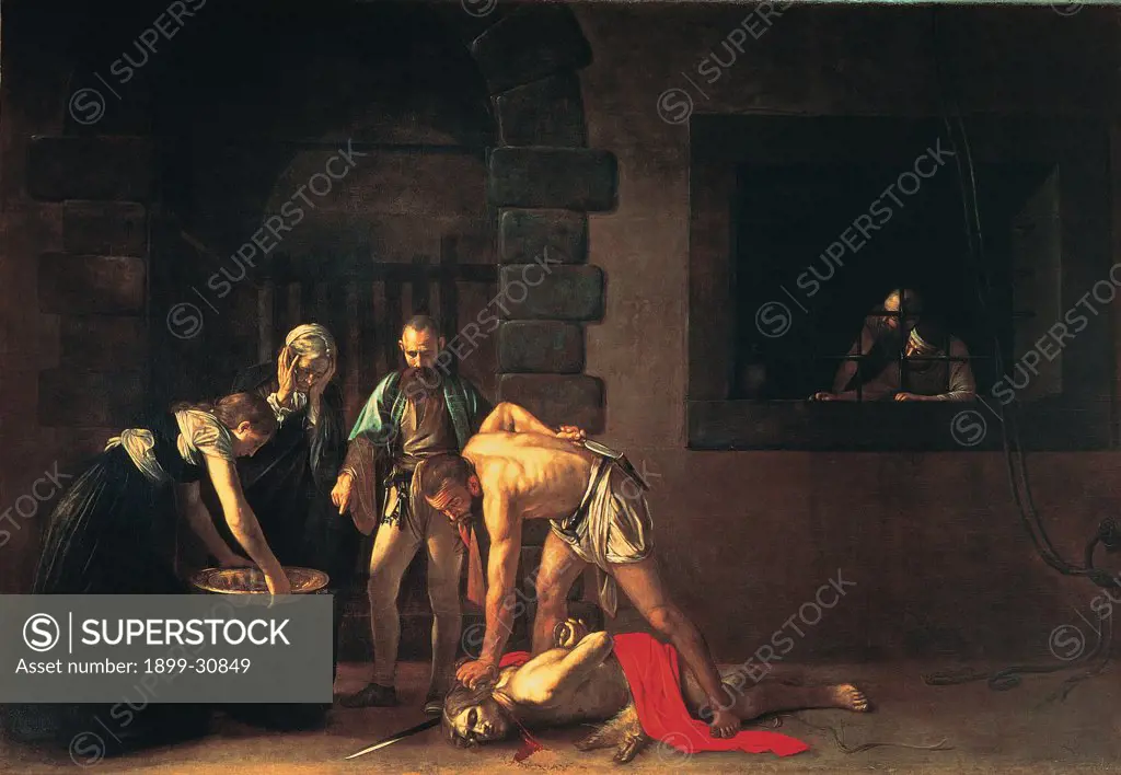 Beheading of St John the Baptist, by Merisi Michelangelo known as Caravaggio, 1608, 17th Century, oil on canvas. Malta, La Valletta, San Giovanni Cathedral. Whole artwork. Beheaded man martyrdom saint St John the Baptist executioner onlookers: bystanders prison.