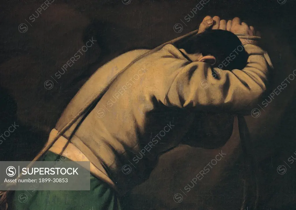 Martyrdom of St Peter, by Merisi Michelangelo known as Caravaggio, 1600 - 1601, 17th Century, oil on canvas. Italy, Lazio, Rome, Santa Maria del Popolo Church, Cerasi Chapel. Detail man brutal fellow shoulders rope strain back.