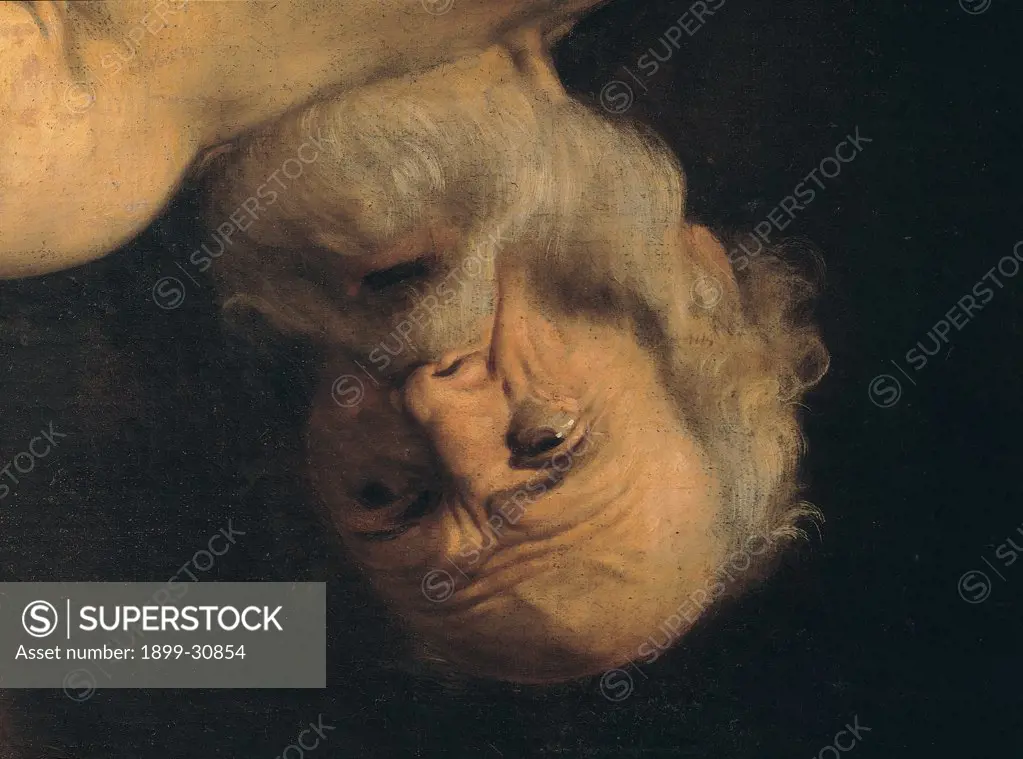 Martyrdom of St Peter, by Merisi Michelangelo known as Caravaggio, 1600 - 1601, 17th Century, oil on canvas. Italy, Lazio, Rome, Santa Maria del Popolo Church, Cerasi Chapel. Detail. Face holy: saint man beard old St Peter wrinkles.