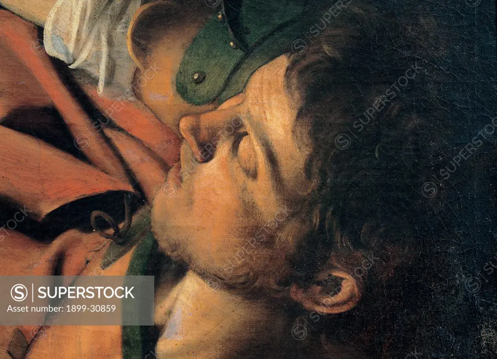 Conversion of St Paul, by Merisi Michelangelo known as Caravaggio, 1600 - 1601, 17th Century, oil on canvas. Italy, Lazio, Rome, Santa Maria del Popolo Church, Cerasi Chapel. Detail. Face holy: saint St Paul light man.