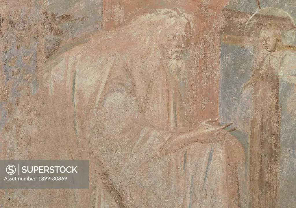 Pre-Romanesque fresco cycle, by Anonymous artist, 831 - 849, 1st Century10th, fresco. Italy, Lombardy, Castelseprio, Varese, Santa Maria Foris Portas Church. Detail of Simeon in the Presentation at the Temple. Elderly priest white beard robes red brown pale-blue.