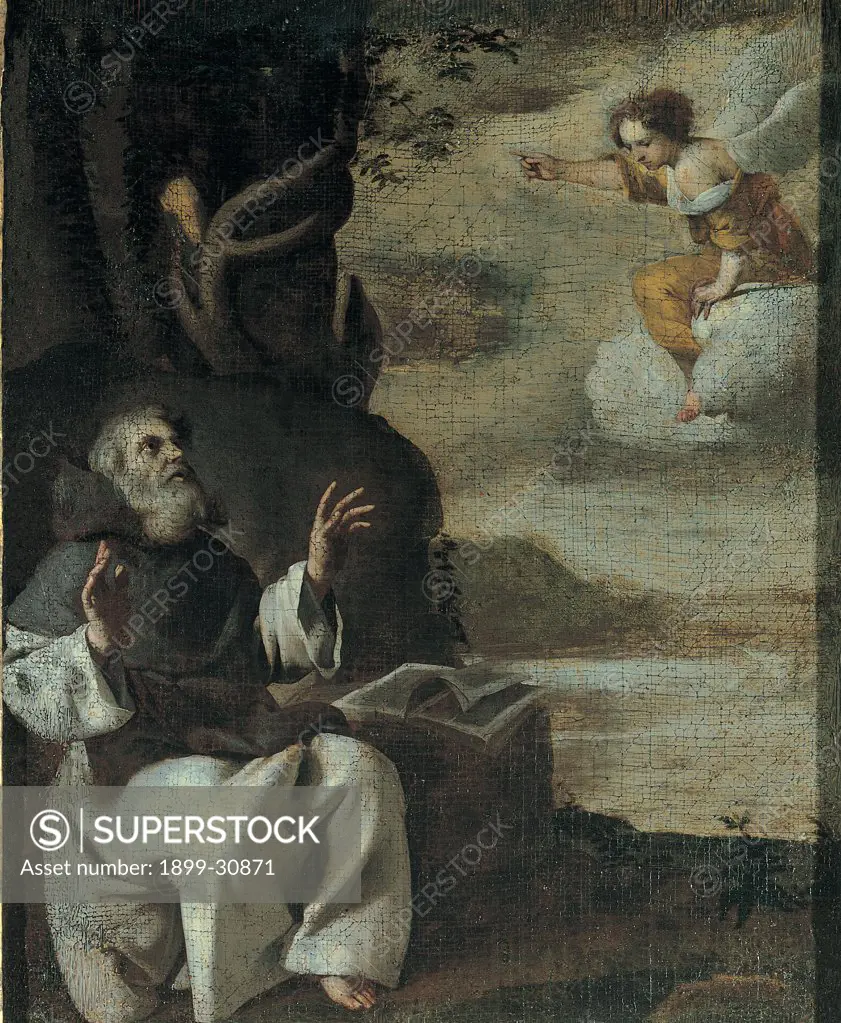 Episodes in the Life of St Anthony, by Pittore molisano, 17th Century, oil on canvas. Italy, Molise, Campobasso, Sant'Antonio Abate Church. Full view. St Anthony Abbott clouds angel sky white black yellow brown.