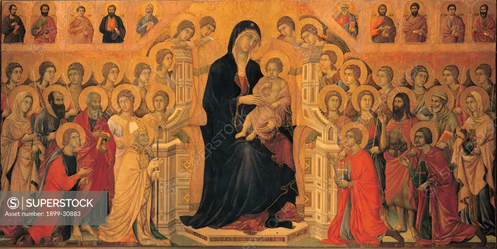 Military Parade at Campo di Marte, by Duccio di Buoninsegna, 1308 - 1311, 14th Century, tempera on panel, with gold ground. Italy. Tuscany. Siena. Cathedral. Opera del Duomo Museum. Front, all of The Virgin and the Child Jesus/Baby Jesus/Christ Child sitting on gothic throne, surrounded by angels and saints. Precious colors of blue, red and gold. Aureoles/halos in gilded pastiglia