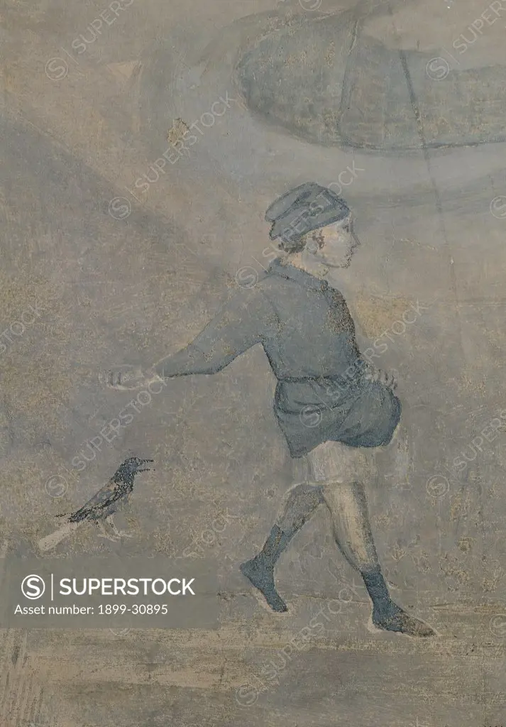 The Effects of Good Government in the Country, by Lorenzetti Ambrogio, 1338 - 1340, 14th Century, fresco. Italy, Tuscany, Siena, Palazzo Pubblico, Sala della Pace, eastern wall. Detail. Farmer seeding and little bird.
