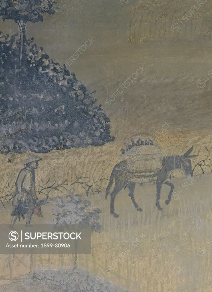 The Effects of Good Government in the Country, by Lorenzetti Ambrogio, 1338 - 1340, 14th Century, fresco. Italy, Tuscany, Siena, Palazzo Pubblico, Sala della Pace, eastern wall. Detail. Farmer with pack animal: beast of burden.