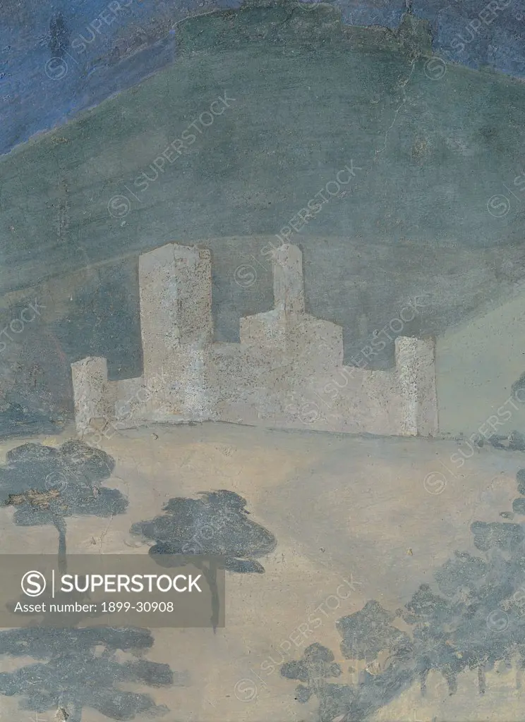 The Effects of Good Government in the Country, by Lorenzetti Ambrogio, 1338 - 1340, 14th Century, fresco. Italy, Tuscany, Siena, Palazzo Pubblico, Sala della Pace, eastern wall. Detail. Fortified hamlet: village plants hill.