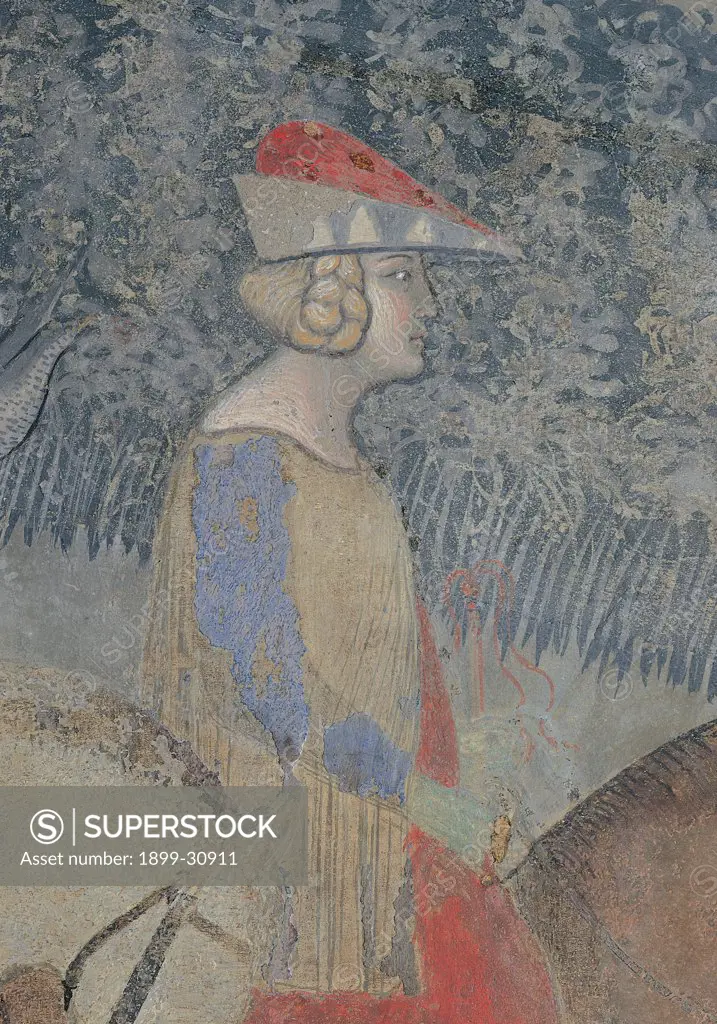 The Effects of Good Government in the Country, by Lorenzetti Ambrogio, 1338 - 1340, 14th Century, fresco. Italy, Tuscany, Siena, Palazzo Pubblico, Sala della Pace, eastern wall. Detail. Hunter red blue beige pointed hat.