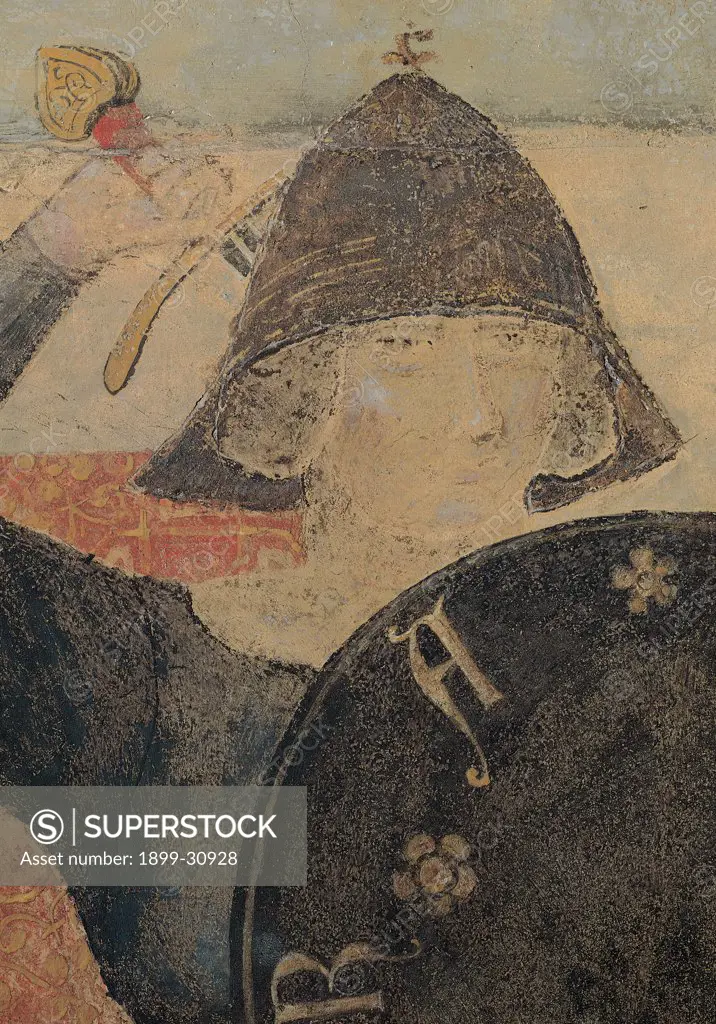 Allegory of Bad Government, by Lorenzetti Ambrogio, 1338 - 1339, 14th Century, fresco. Italy, Tuscany, Siena, Palazzo Pubblico, Sala della Pace, west wall. Detail. War boy with shield and sword black gray pink beige orange red helmet.