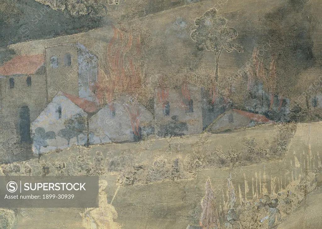 Effects of Bad Government on the Countryside, by Lorenzetti Ambrogio, 1338 - 1339, 14th Century, fresco. Italy, Tuscany, Siena, Palazzo Pubblico. Detail. Village set on fire on the right fire flames houses.