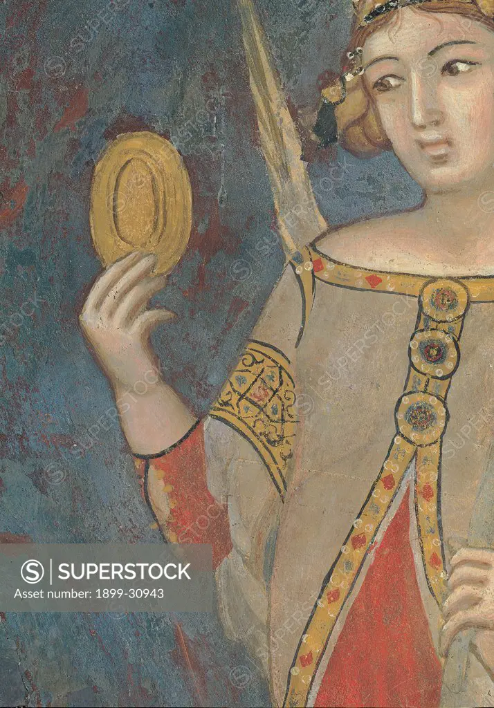 Allegory of Bad Government, by Lorenzetti Ambrogio, 1338 - 1339, 14th Century, fresco. Italy, Tuscany, Siena, Palazzo Pubblico, Sala della Pace, west wall. Detail. Vanity looking at herself in a mirror female figure.