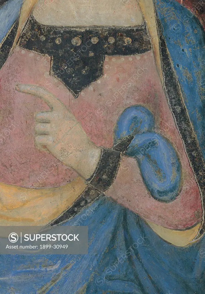 Allegory of Good Government, by Lorenzetti Ambrogio, 1338 - 1339, 14th Century, fresco. Italy, Tuscany, Siena, Palazzo Pubblico, Sala della Pace, north wall. Detail. Temperance. Female figure woman mantle: cloak drapery blue pink yellow black.