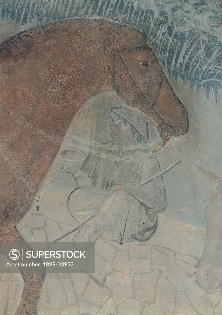 The Effects of Good Government in the Country, by Lorenzetti Ambrogio, 1338 - 1340, 14th Century, fresco. Italy, Tuscany, Siena, Palazzo Pubblico, Sala della Pace, eastern wall. Detail. Horse with blind beggar on the roadside bridles harness.