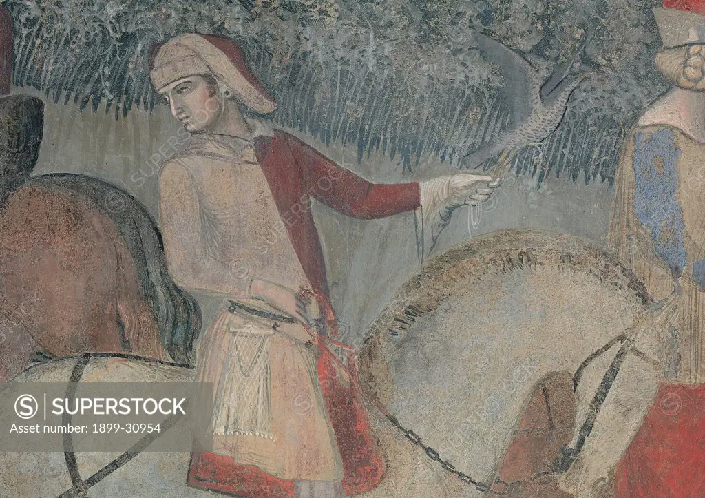The Effects of Good Government in the Country, by Lorenzetti Ambrogio, 1338 - 1340, 14th Century, fresco. Italy, Tuscany, Siena, Palazzo Pubblico, Sala della Pace, eastern wall. Detail. Knight: rider horse black harness.