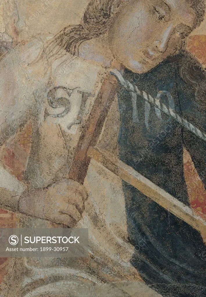 Allegory of Bad Government, by Lorenzetti Ambrogio, 1338 - 1339, 14th Century, fresco. Italy, Tuscany, Siena, Palazzo Pubblico, Sala della Pace, west wall. Detail. Divisio of saw inscription SI NO (yes non).