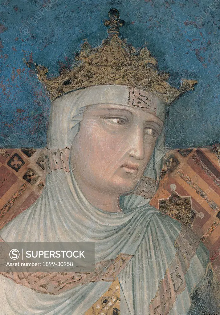 Allegory of Good Government, by Lorenzetti Ambrogio, 1338 - 1340, 14th Century, fresco. Italy, Tuscany, Siena, Palazzo Pubblico, Sala della Pace. Detail. Prudence crown veil elderly woman.