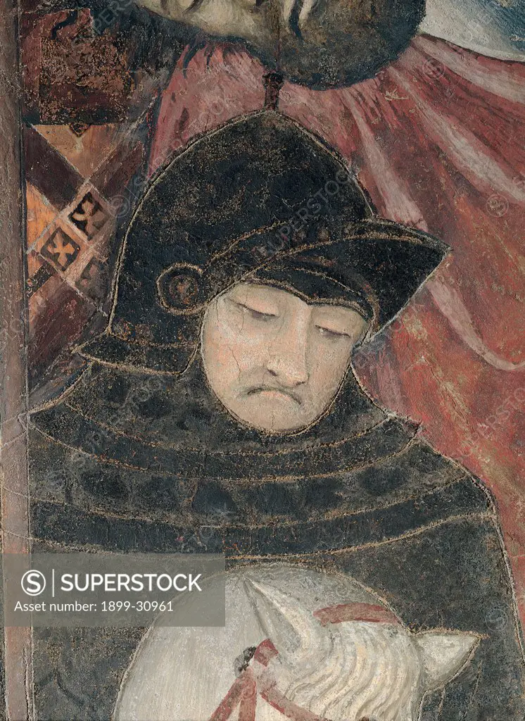 Allegory of Good Government, by Lorenzetti Ambrogio, 1338 - 1340, 14th Century, fresco. Italy, Tuscany, Siena, Palazzo Pubblico, Sala della Pace. Detail. Siena army armor: cuirass helmet black white pink.