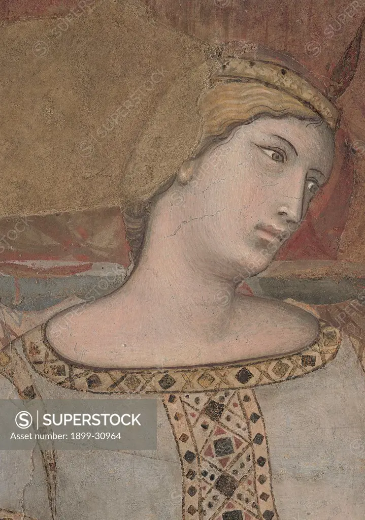 Allegory of Good Government, by Lorenzetti Ambrogio, 1338 - 1340, 14th Century, fresco. Italy, Tuscany, Siena, Palazzo Pubblico, Sala della Pace. Detail. Concordia dress: garment decorated crown gathered hair red yellow gold face young woman.