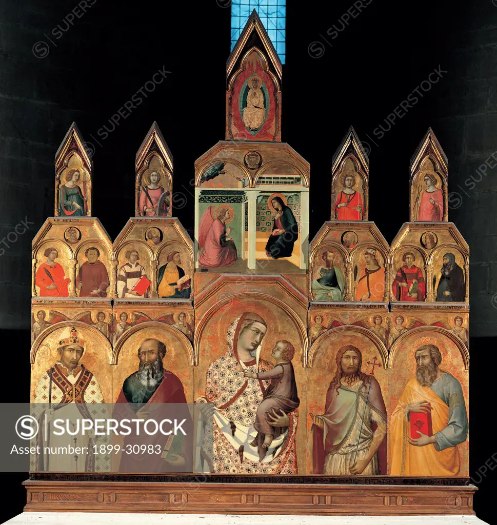 Polyptych (Virgin and Child with Saints, Annunciation and Assumption), by Lorenzetti Pietro, 1320, 14th Century, tempera on panel. Italy, Tuscany, Arezzo, Santa Maria Parish Church. Whole artwork. Polyptych Madonna: Virgin Mary Child Saints Annunciation Assumption gold.
